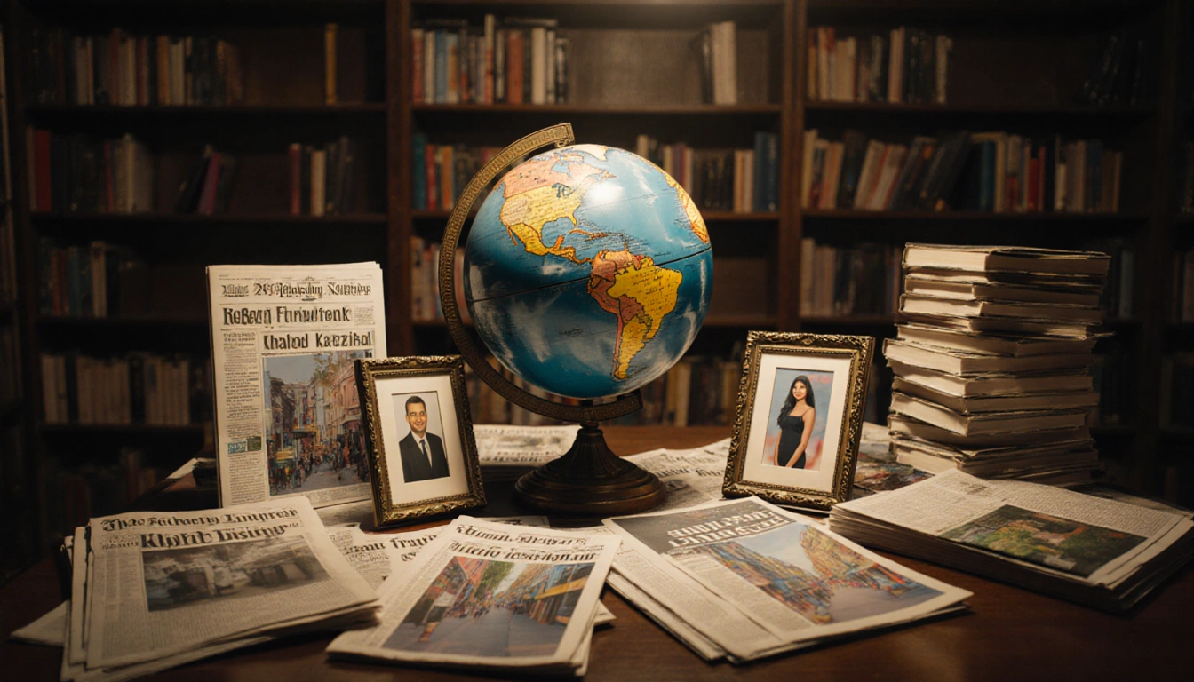 Crowded newsroom with a large ornate globe surrounded by 2025 publications and photos of Robert Friedrichs and Miami streets.
