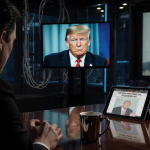 News anchor sits with head in hands in dim newsroom with polished wood and a large screen showing Trump post