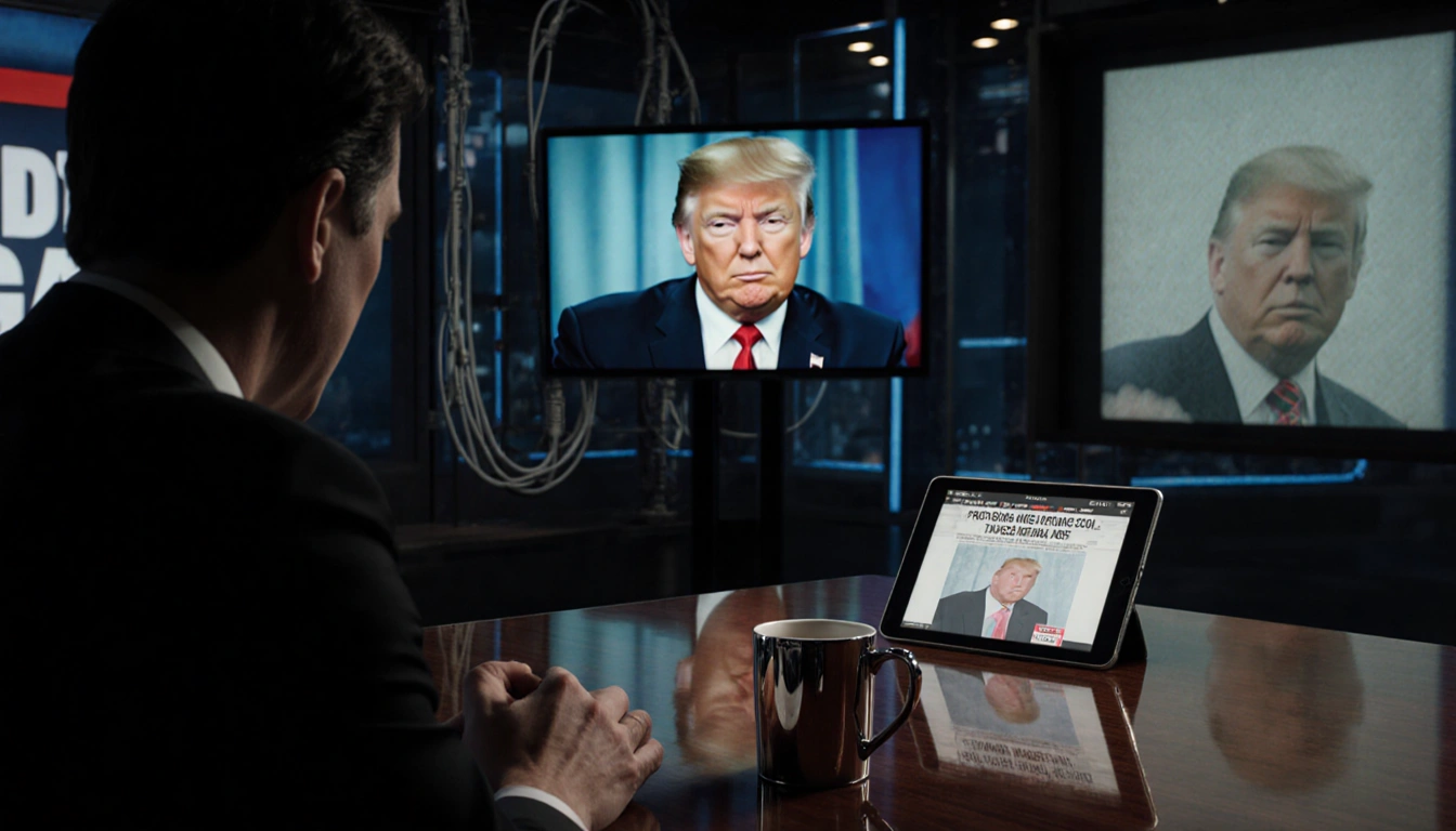 News anchor sits with head in hands in dim newsroom with polished wood and a large screen showing Trump post
