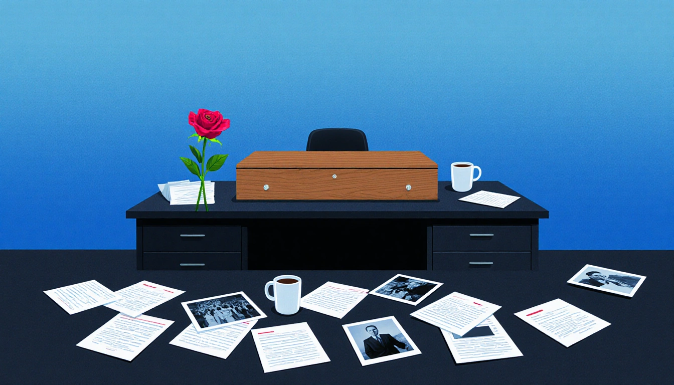 Wooden box holding a red rose with scattered papers and coffee cups on a desk in a blue gradient newsroom.