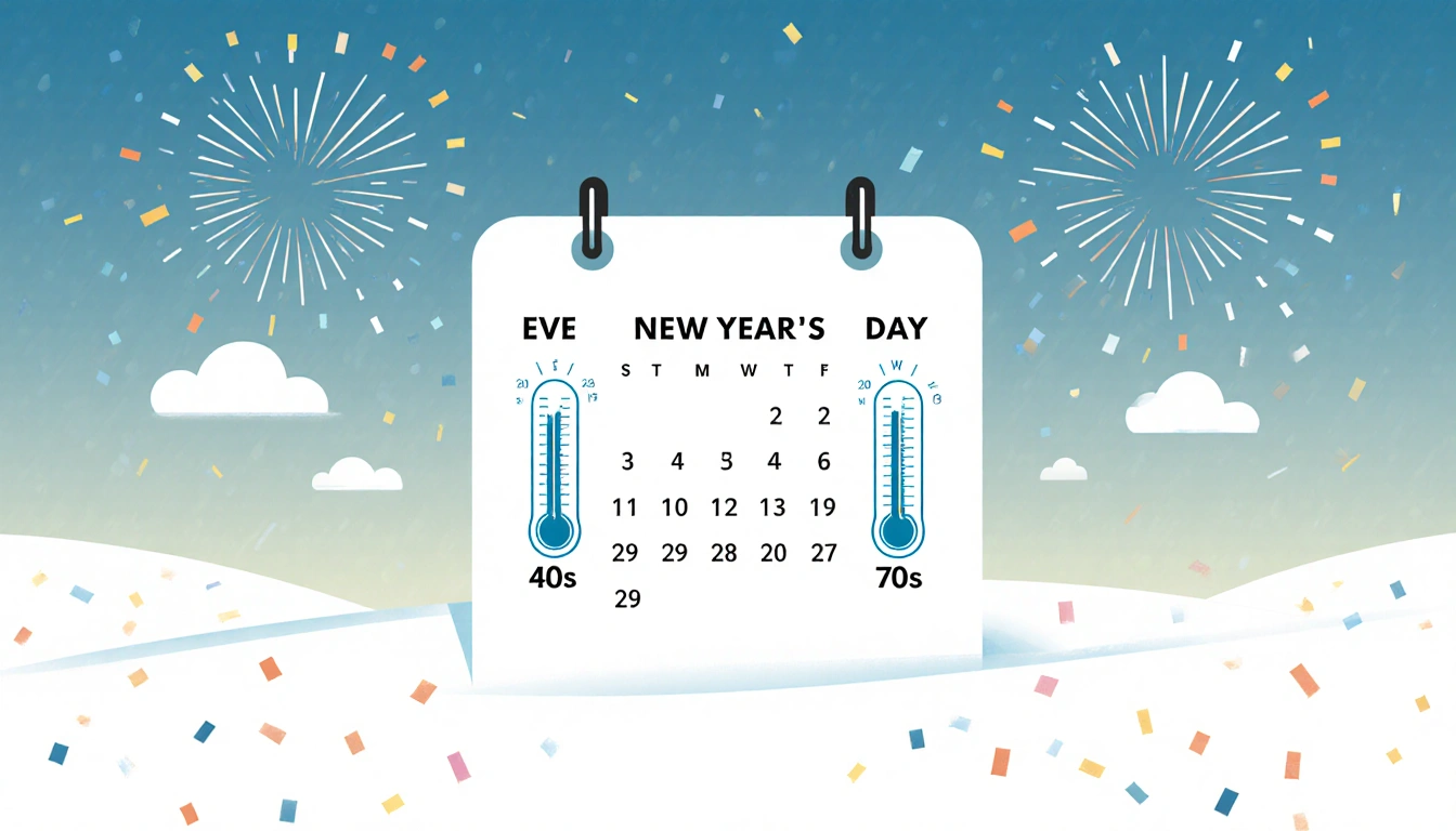 Calendar page depicts New Year's Eve and Day with thermometer rising and clouds fading and fireworks hint.