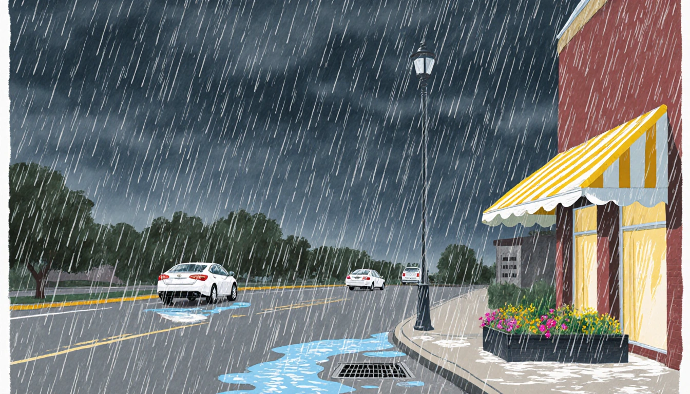 New Year's Eve Austin streets showing puddles forming on sidewalks with heavy rain and overflowing storm drains