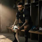 Neymar holding a football with a bandaged left knee in a dim locker room with soft light and worn stadium floor