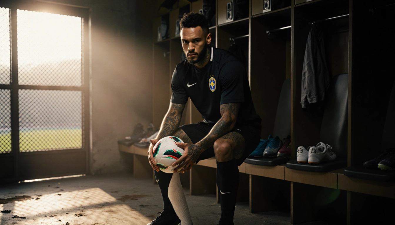 Neymar holding a football with a bandaged left knee in a dim locker room with soft light and worn stadium floor
