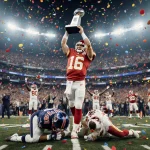 Quarterback hoists trophy high with cheering fans and colorful confetti flying around
