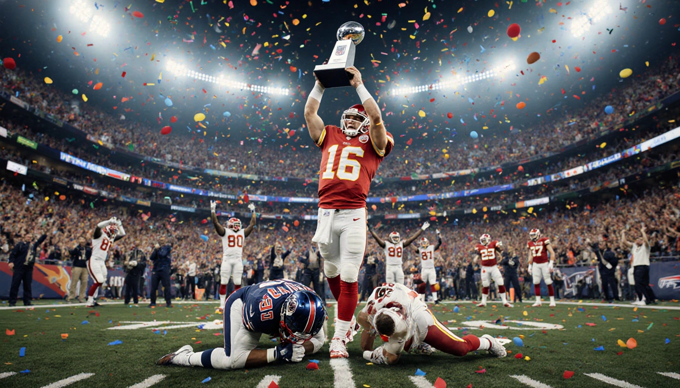 Quarterback hoists trophy high with cheering fans and colorful confetti flying around