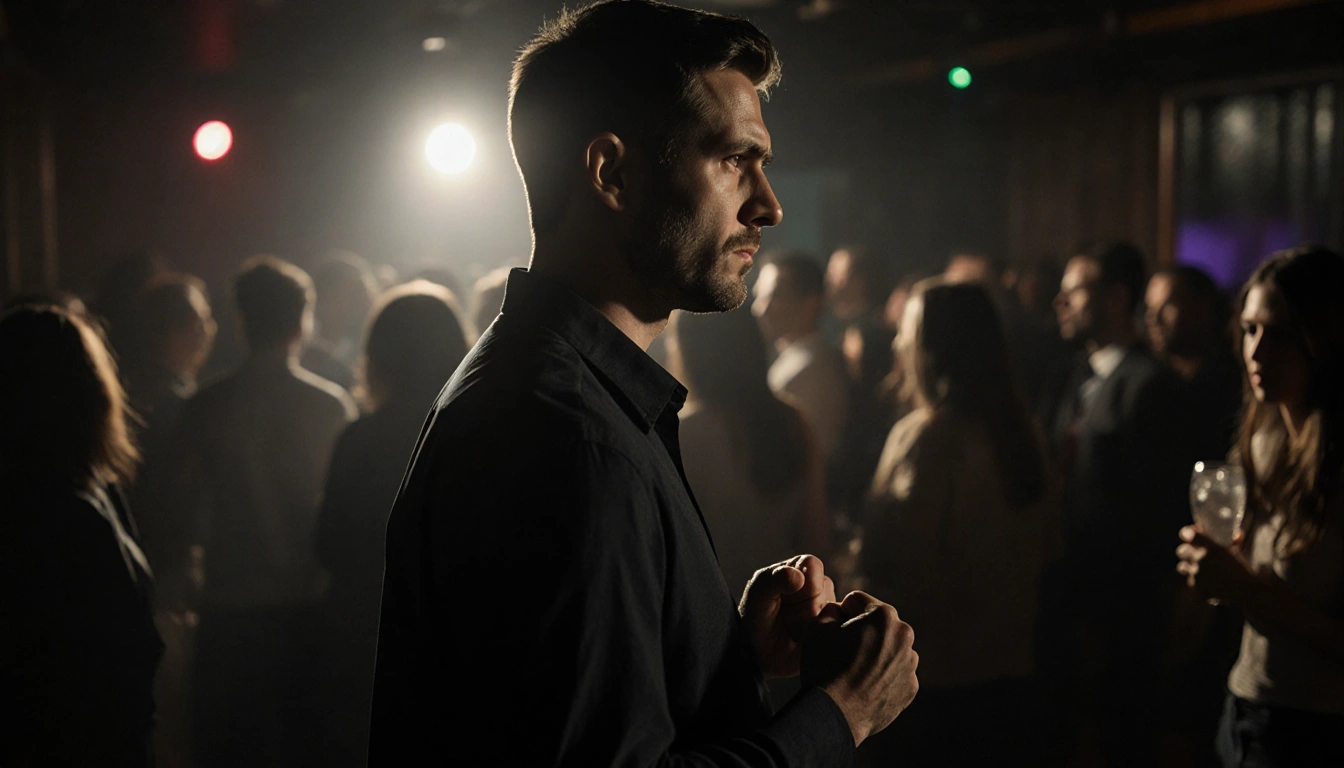 An anxious man stands in a dim corner with clenched fists and a spotlight highlighting his uneasy profile amid partygoers
