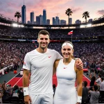 Nick Kyrgios and Aryna Sabalenka stand smiling with arms around each other in front of a tennis arena with Dubai skyline and