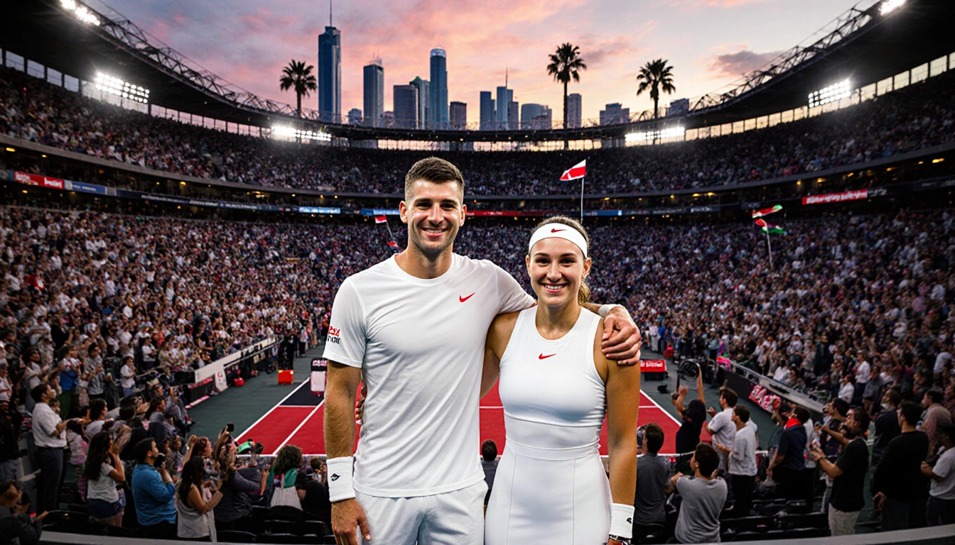 Nick Kyrgios and Aryna Sabalenka stand smiling with arms around each other in front of a tennis arena with Dubai skyline and