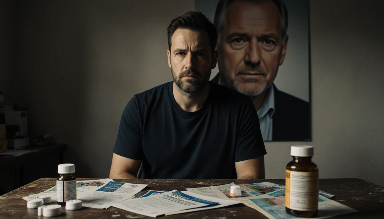 Nick Reiner sitting at a worn desk with scattered brochures and medication bottles dim lighting highlights his addiction.
