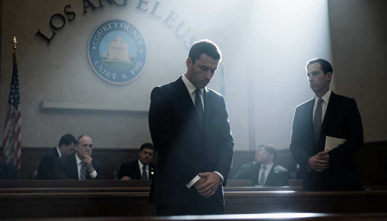 Nick Reiner standing at courthouse looking down with lawyer beside him and spotlight on his face in a courtroom scene
