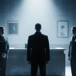 Nick Reiner stands before dim courtroom with two bailiffs and faded photos of Rob and Michele in the background