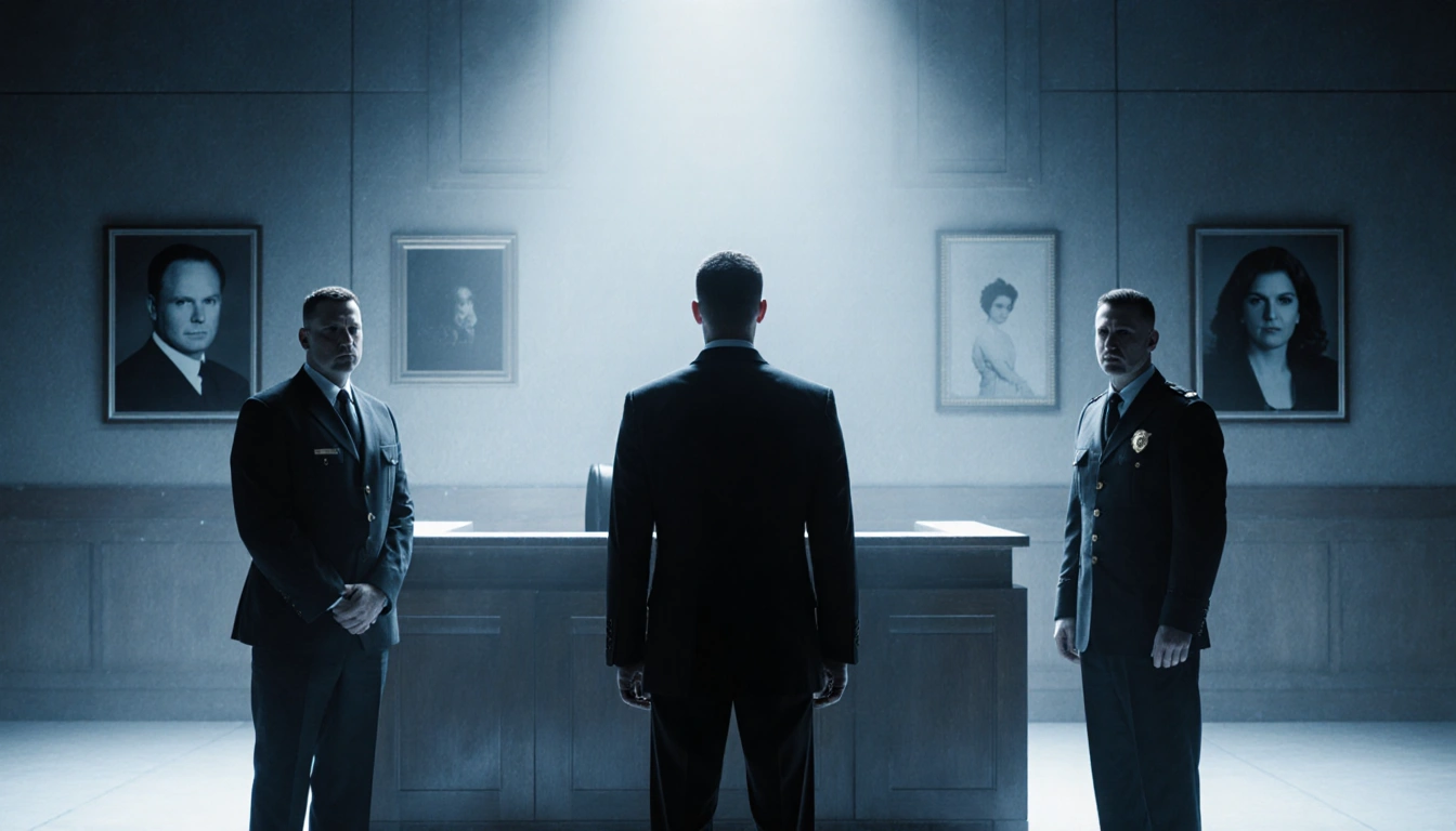 Nick Reiner stands before dim courtroom with two bailiffs and faded photos of Rob and Michele in the background