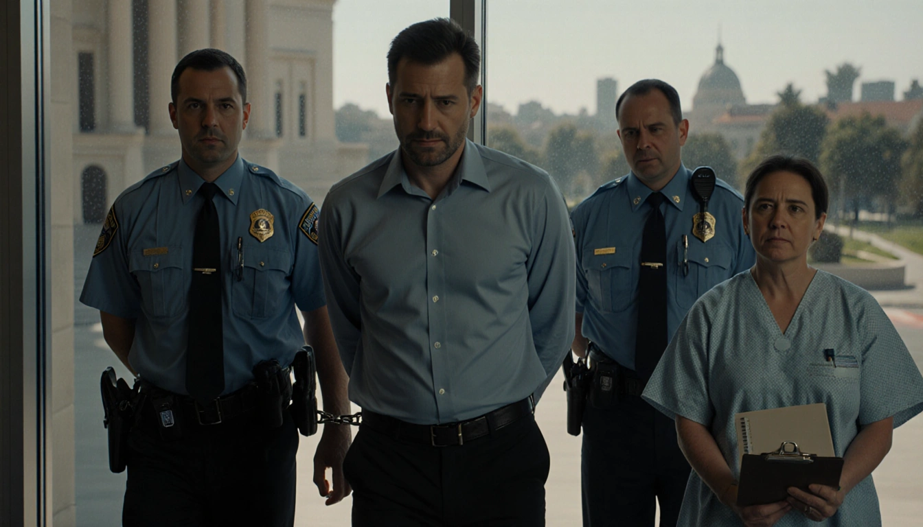 Nick Reiner being led away in handcuffs with officers and his attorney in a hospital gown and a courthouse in background.