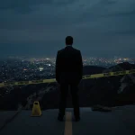 Nick Reiner stands on cliff edge with police roadblock and yellow tape in foreground under Hollywood Hills night sky