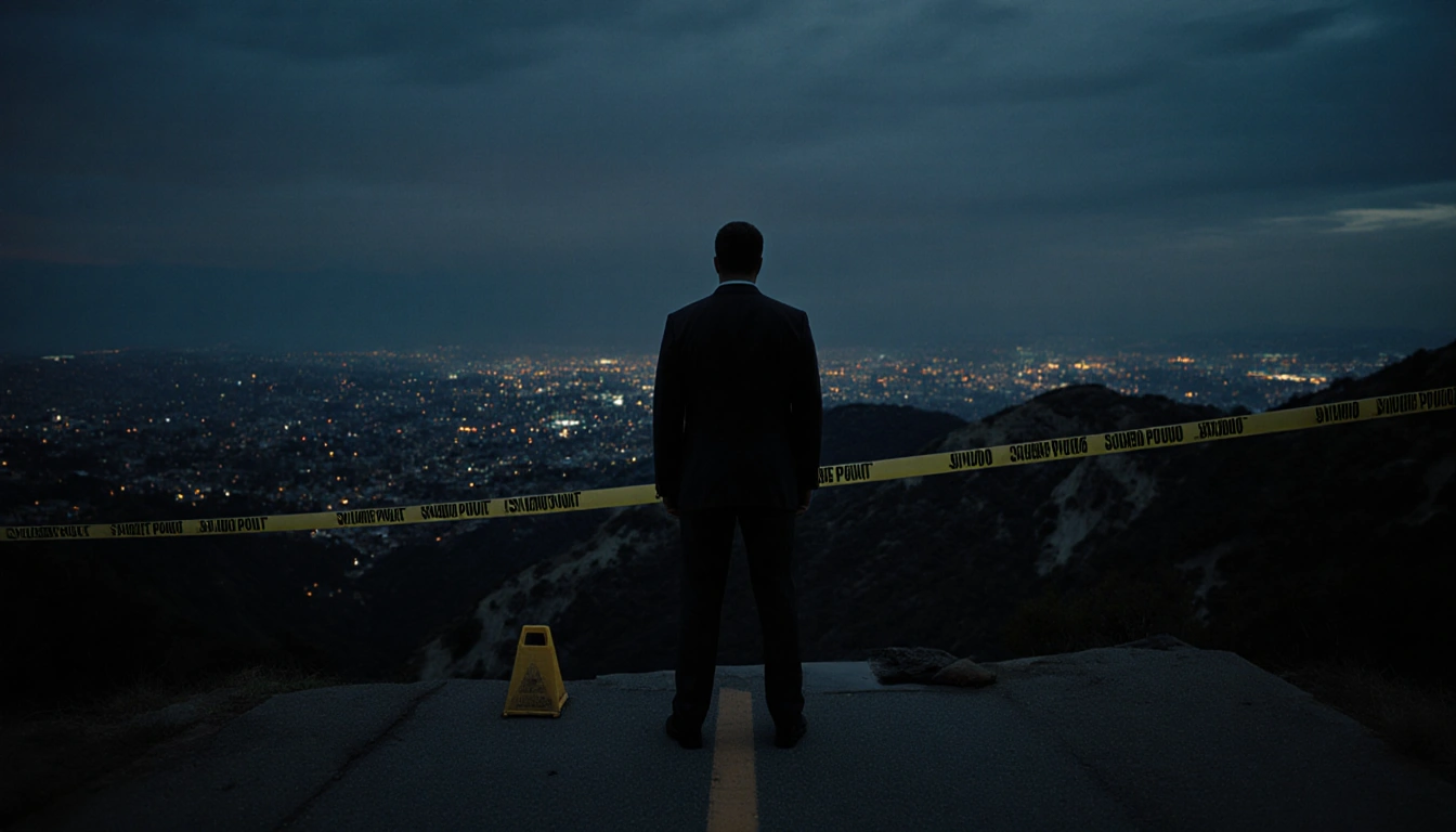 Nick Reiner stands on cliff edge with police roadblock and yellow tape in foreground under Hollywood Hills night sky