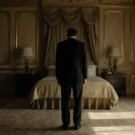 Nick Reiner stands back with hunched shoulders and bowed head in a dimly lit luxurious bedroom with golden shadows