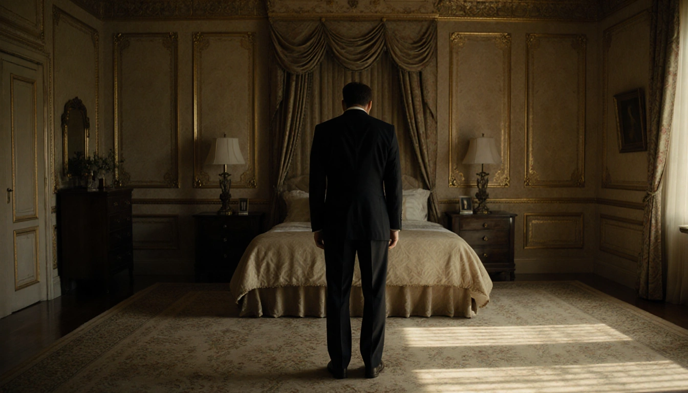 Nick Reiner stands back with hunched shoulders and bowed head in a dimly lit luxurious bedroom with golden shadows