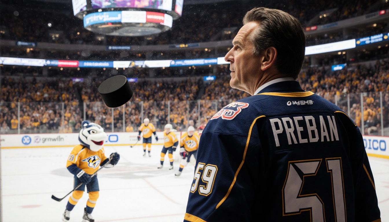Nick Saban beside hockey puck with Nashville Predators jersey draped over shoulder as Gnash mascot looks up glass in stadium.