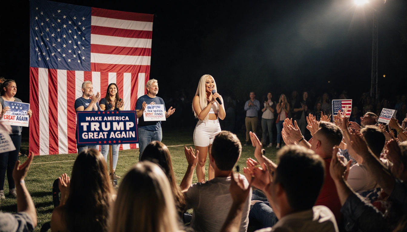 Nicki Minaj addresses cheering crowd with microphone and flag backdrop as hands clap hold Make America Great Again signs