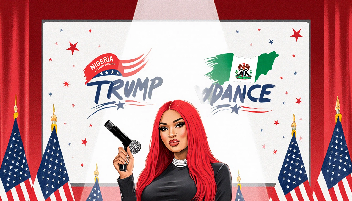 Nicki Minaj with microphone pointing at screen displaying Trump and Vance amid flags Nigerian patterns
