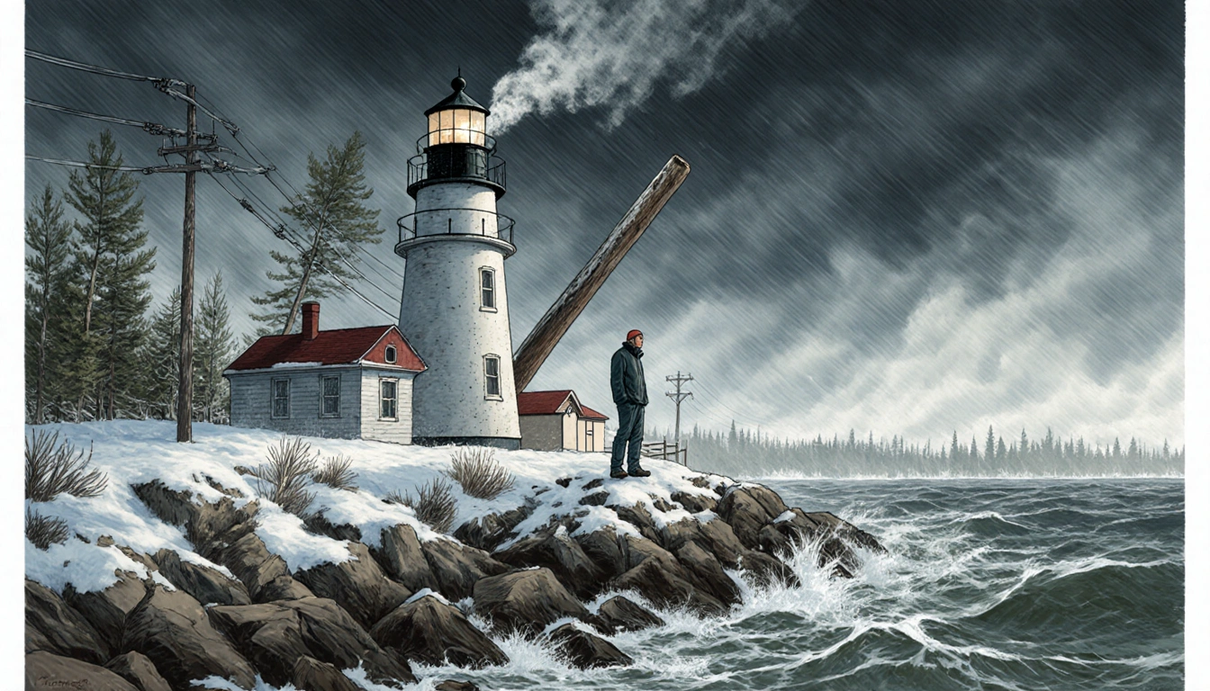 Nick Korstad standing on rocky shore with lighthouse beam cutting through snowstorm and bent trees in Michigan