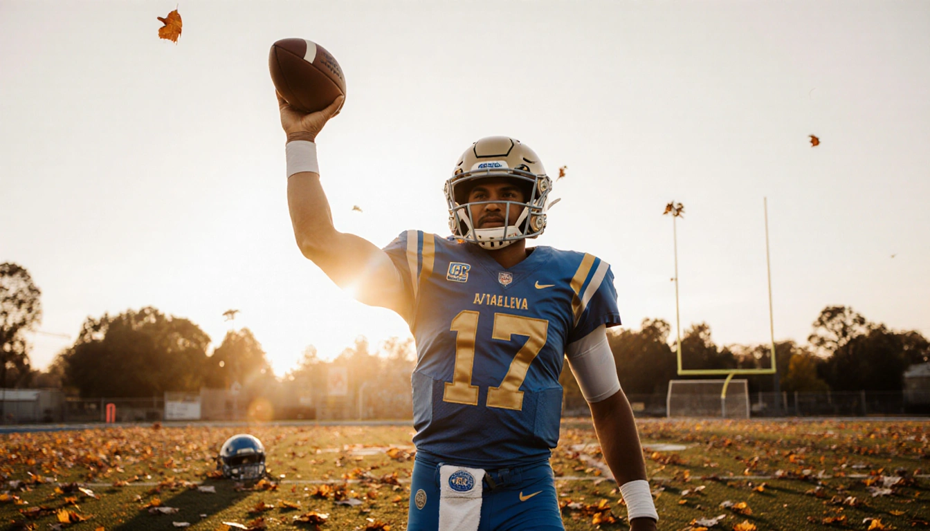 Nico Iamaleava stands proudly on UCLA field at sunset holding football aloft with fallen leaves and warm light.