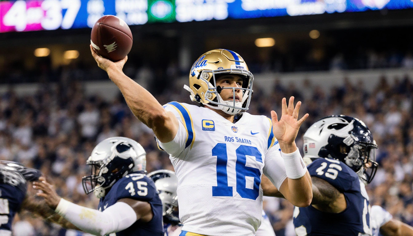 Nico Iamaleava throws a pass with determined face near the Rose Bowl with blurred Penn State players behind.
