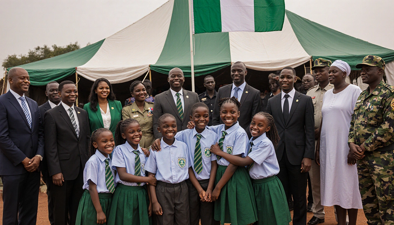 Smiling children in school uniforms holding hands with Nigerian flag behind tent and security guards watching
