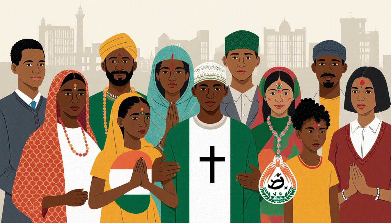 Nigerian group standing together in solidarity with prayer beads cross tilak symbols and city skyline background