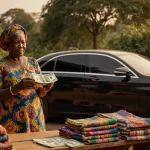 Middle‑aged woman holding US$ bills for health deal with African print dress and sleek black sedan behind her in market