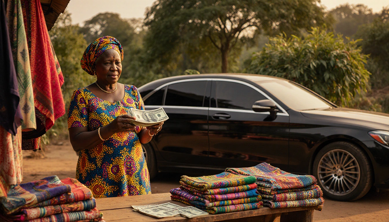Middle‑aged woman holding US$ bills for health deal with African print dress and sleek black sedan behind her in market