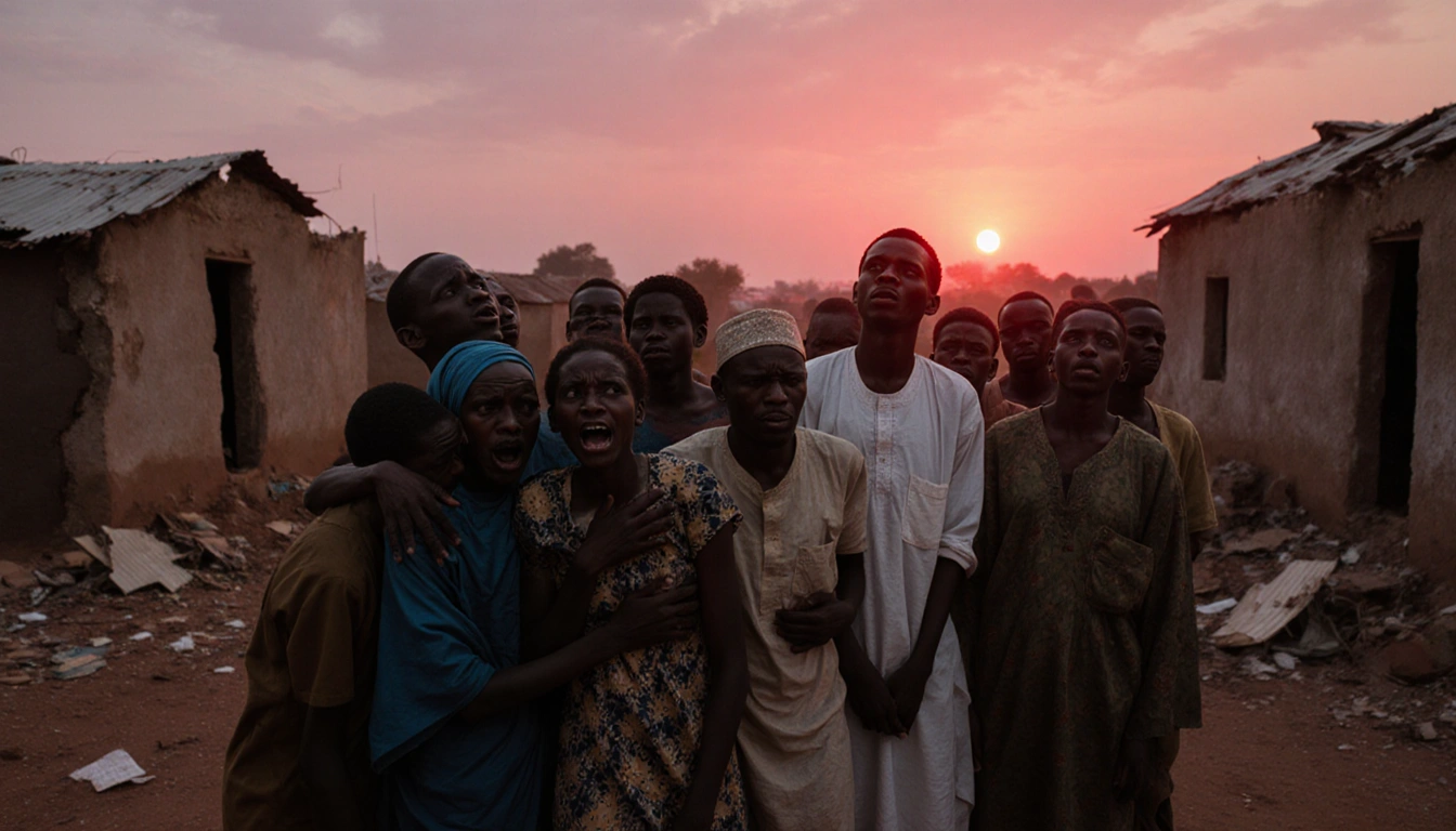 Nigerian villagers huddling and looking up with fearful faces against a glowing red sky and debris