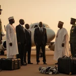 Nigerian air force personnel confront Burkina Faso officials near plane with scattered luggage at an airport and diplomatic s