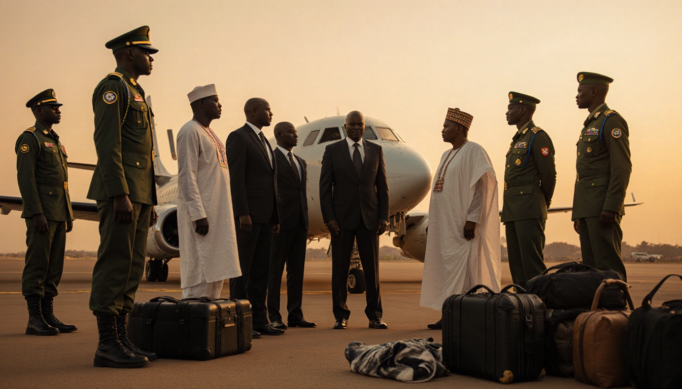 Nigerian air force personnel confront Burkina Faso officials near plane with scattered luggage at an airport and diplomatic s