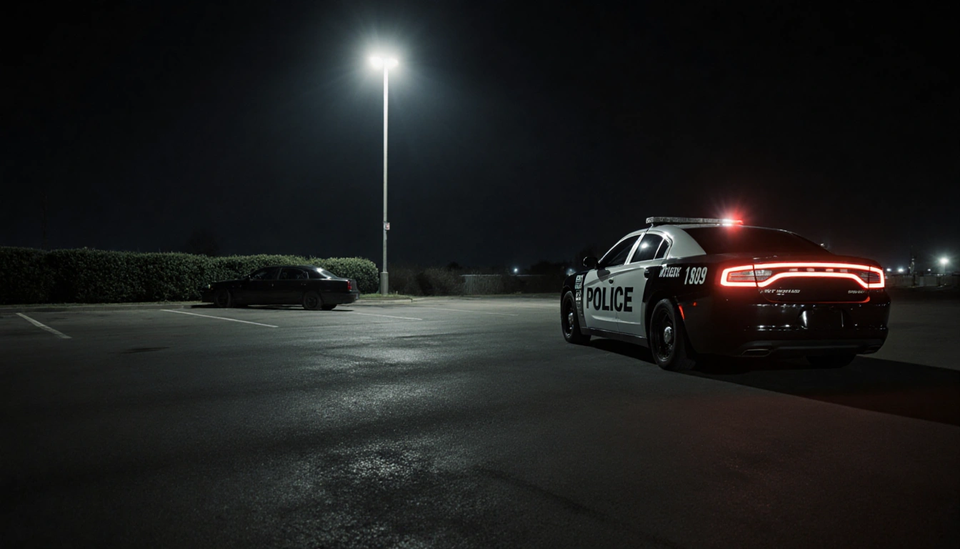 Police cruiser parked in nighttime parking lot with flickering streetlight and shadowy sedan hidden behind bushes