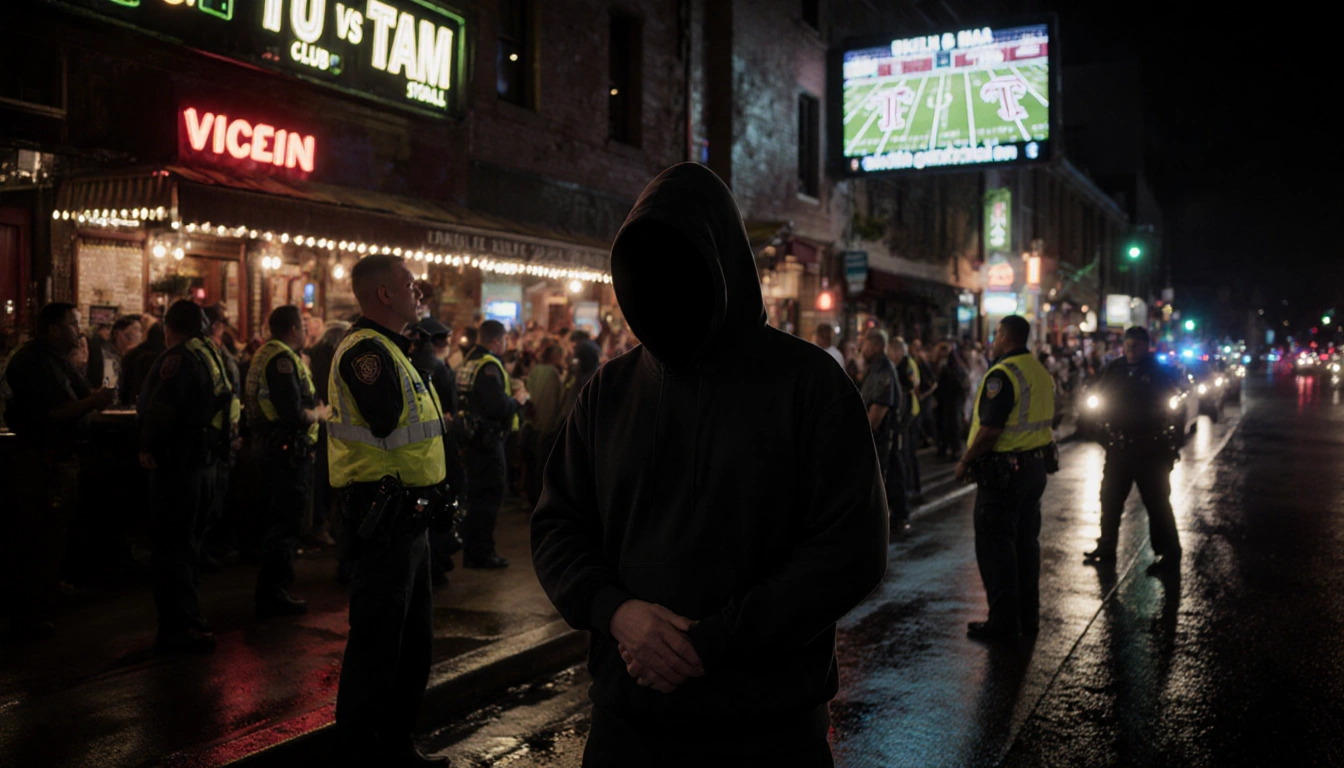 Lone figure in black hoodie raises hands in front of a chaotic bar with police flashing lights and neon glow on wet pavement
