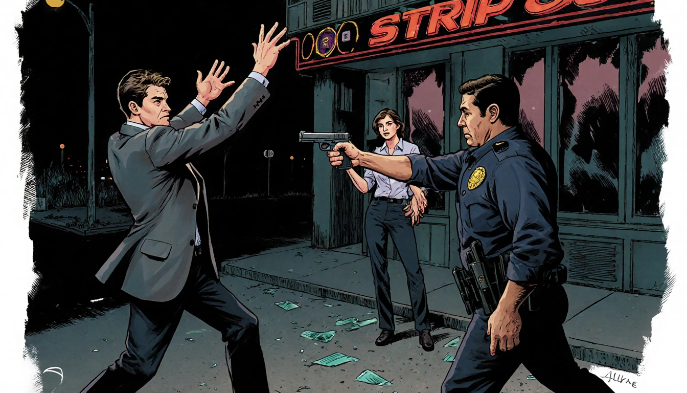Philip Foley raises hands as Garcia pulls a pistol and nightclub facade reflects in a shooting moment.