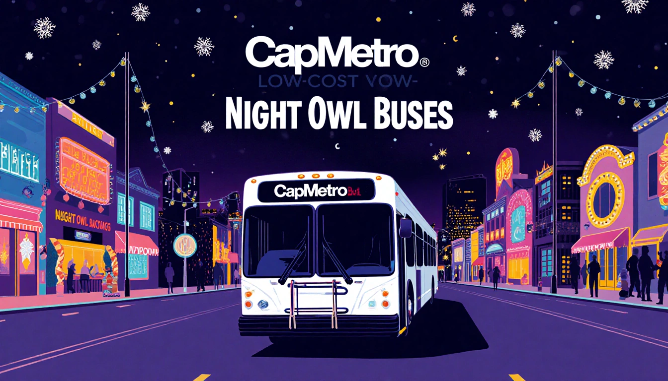 Night Owl bus drives through Austin streets at midnight with neon lights and nearby clubs for a New Year's Eve ride