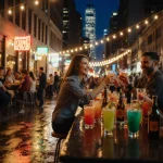 Crowd raising cocktail glasses with neon lights and wet pavement reflecting a bustling nighttime cityscape