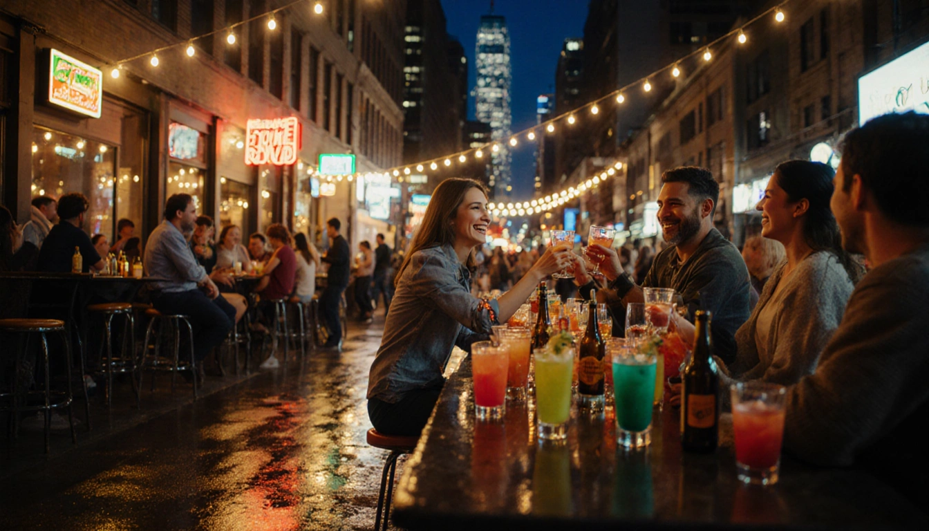 Crowd raising cocktail glasses with neon lights and wet pavement reflecting a bustling nighttime cityscape