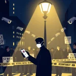 Masked figure standing under streetlight holding smartphone with recording app amid surveillance cameras and protest signs