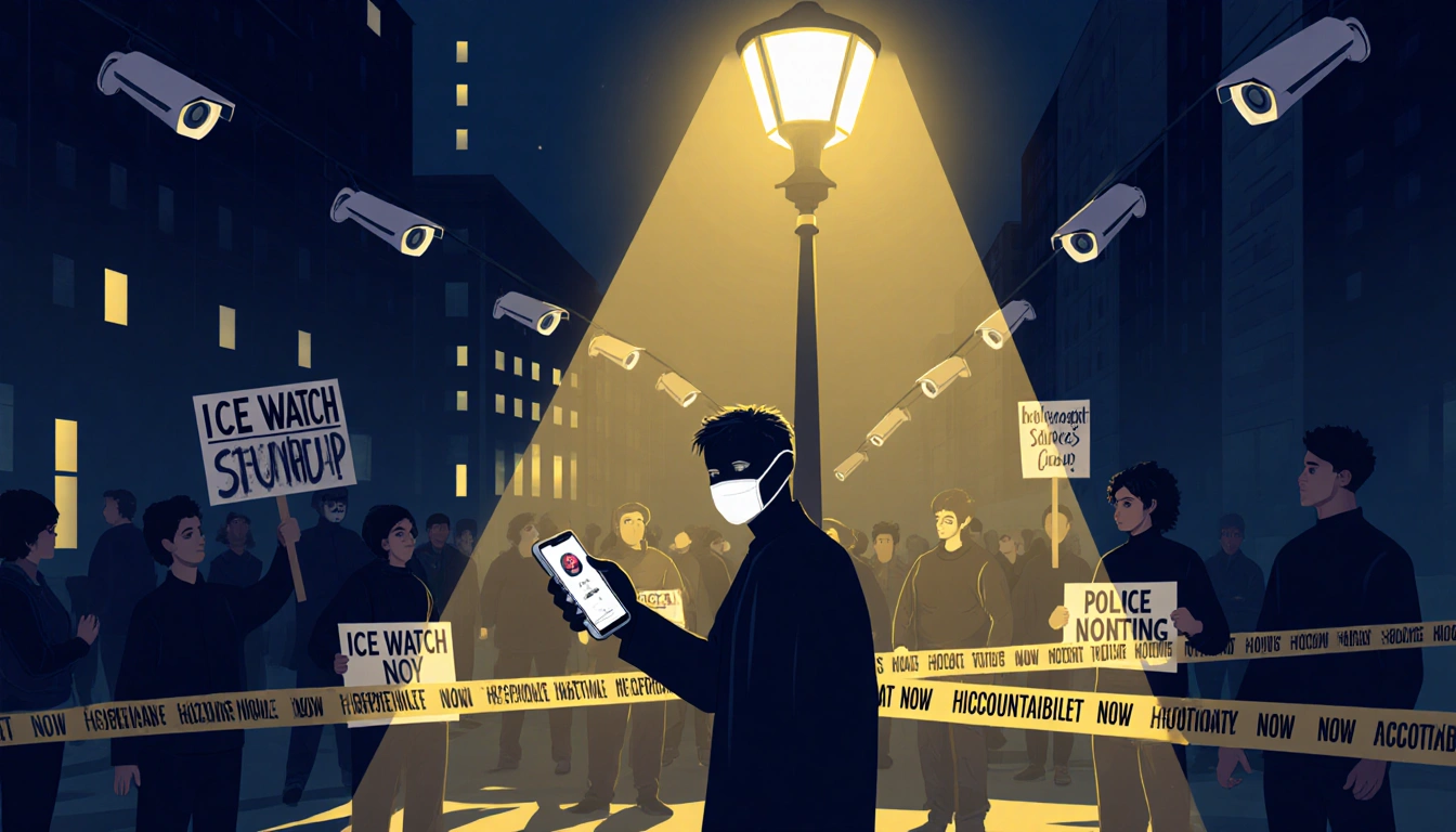 Masked figure standing under streetlight holding smartphone with recording app amid surveillance cameras and protest signs