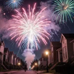 Fireworks erupting above a quiet neighborhood with a warm streetlamp glow and startled residents peeking from windows
