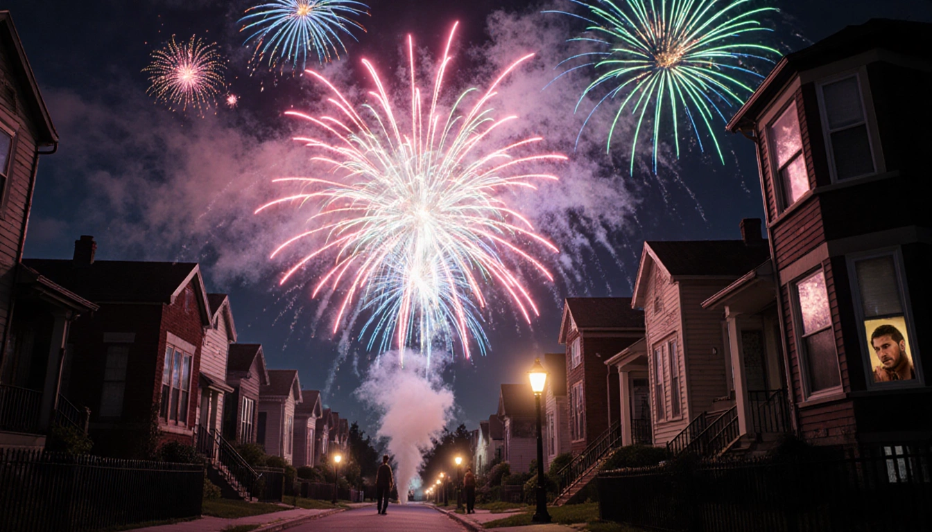 Fireworks erupting above a quiet neighborhood with a warm streetlamp glow and startled residents peeking from windows