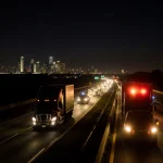 Semi-truck parked on I‑35 shoulder with emergency lights flashing and cars backed up toward the Austin skyline