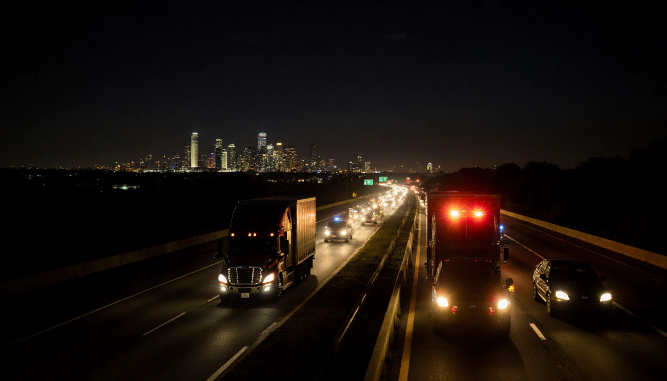 Semi-truck parked on I‑35 shoulder with emergency lights flashing and cars backed up toward the Austin skyline
