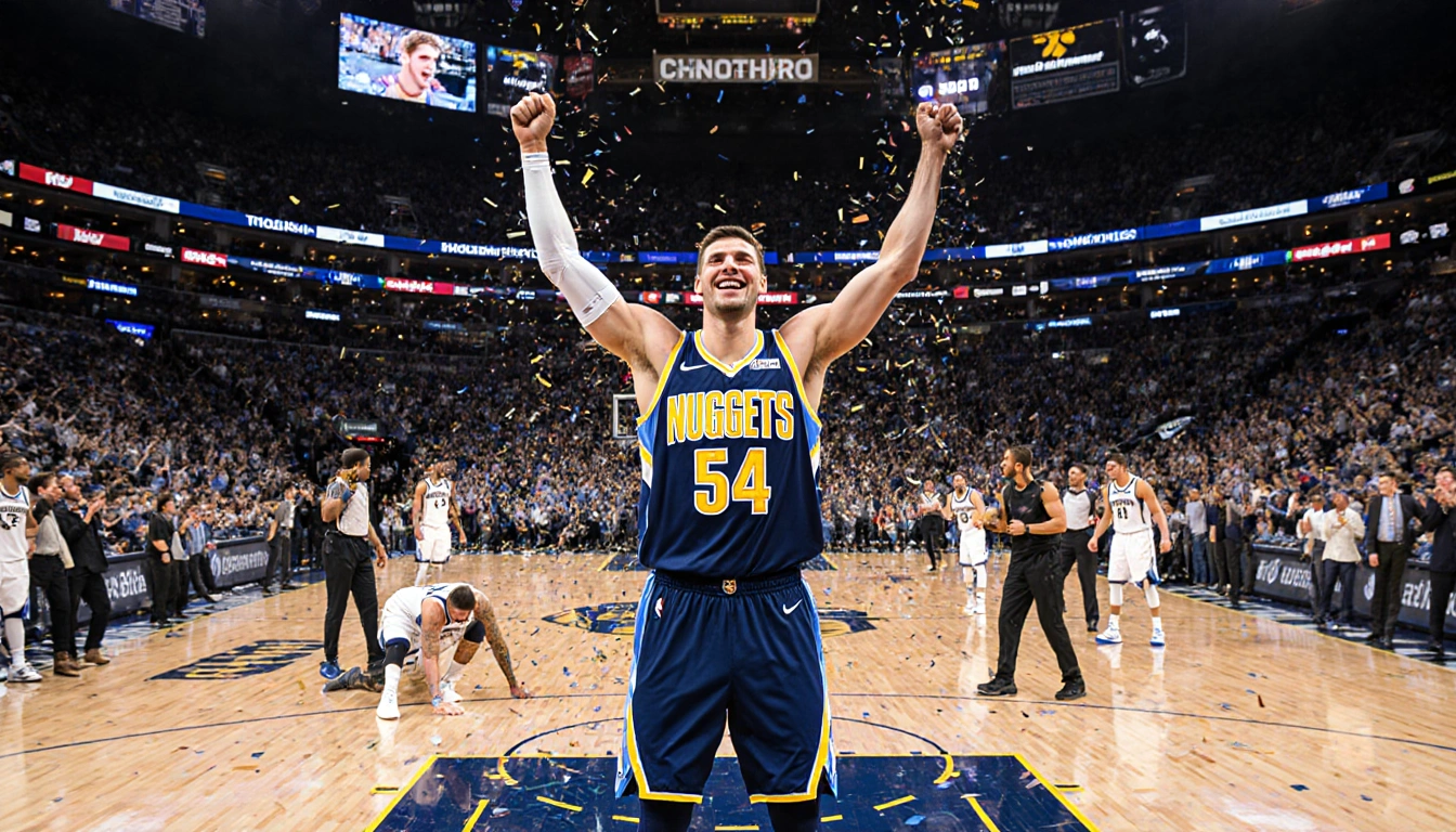 Nikola Jokic celebrating after scoring 56 points and holding up his jersey with confetti and fans cheering in the background.