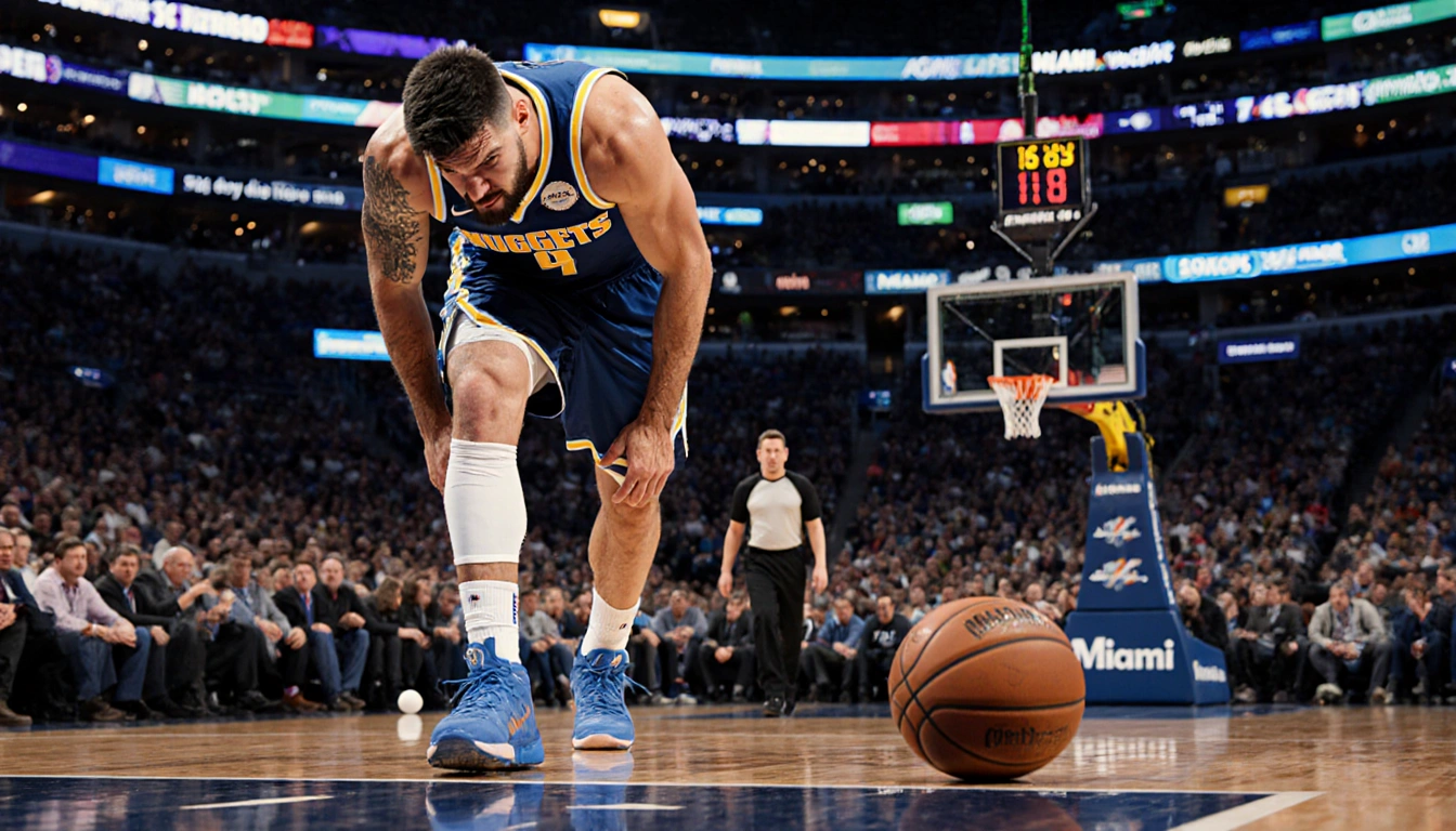 Nikola Jokic limping off the court with a sweat‑stained Nuggets jersey and an abandoned basketball in a bright Miami arena.