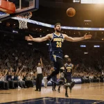 Nikola Jokic leaping for a three-pointer with ball in motion behind him and fans cheering Nuggets bench under a golden glow.